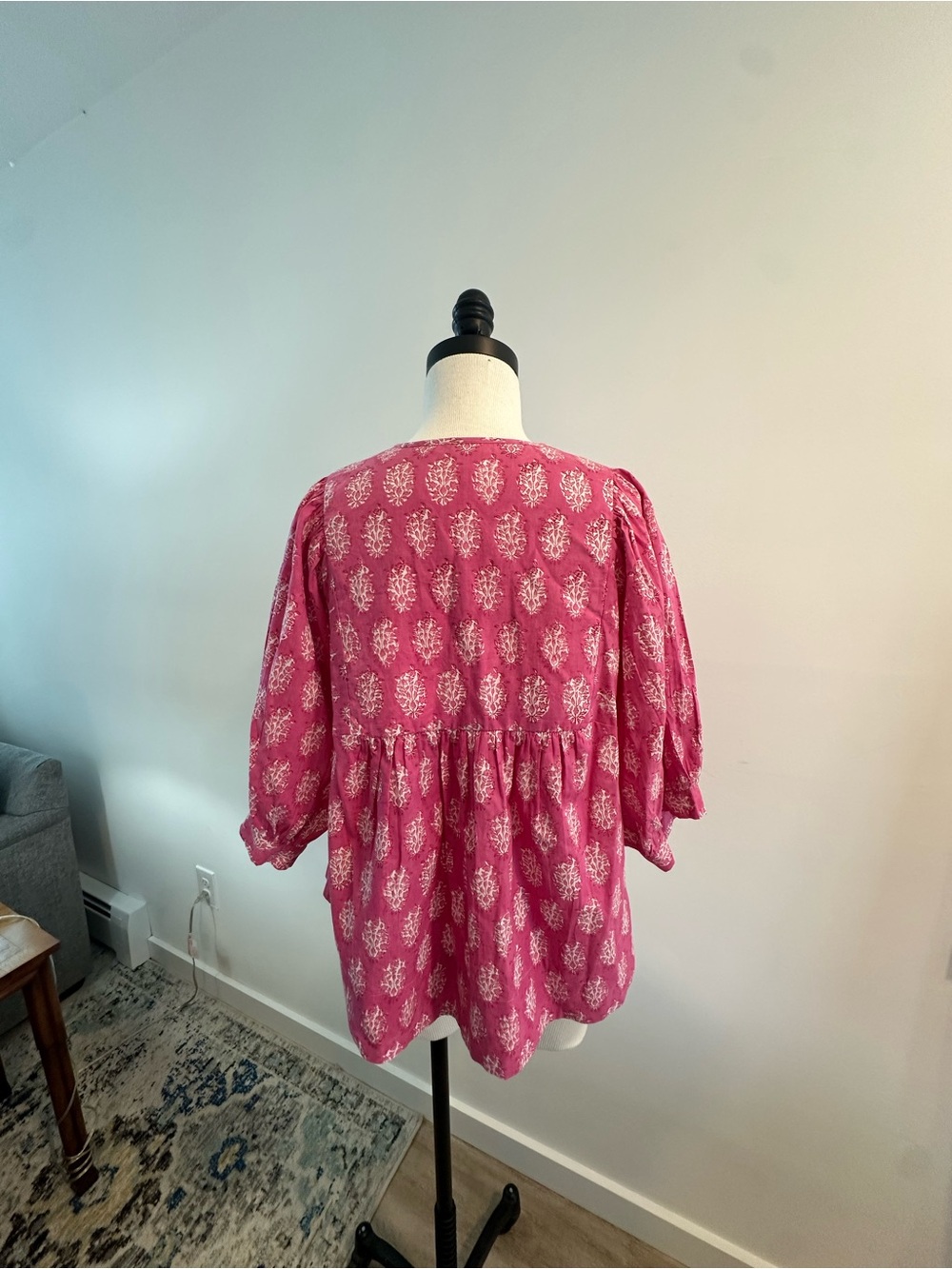 MAREA - Pink Block Print Puff Sleeve Peasant Blouse - Picture 5 of 7